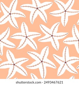 Sea star seamless pattern on peach background. Elegant starfish repeat pattern. Summer, beach, travel, vacation abstract background. Coastal vibes.