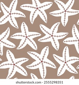 Sea star seamless pattern on mocha brown background. Elegant starfish repeat pattern. Summer, beach, travel, abstract nautical background. Coastal vibes.