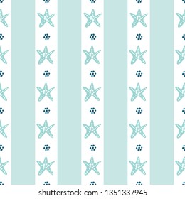 Sea star seamless stripe pattern in turquoise, white and navy blue. Soft, pretty repeat design. Great for beach wedding invitations, coastal home decor, nautical textiles, summer fashion and swimwear.