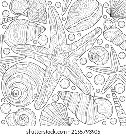 Sea star and shells.Coloring book antistress for children and adults. Illustration isolated on white background.Zen-tangle style. Hand draw