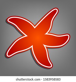 Sea star sign. Flat red icon with linear white icon with gray shadow at grayish background. Illustration.