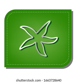 Sea Star Sign. Silver Gradient Line Icon With Dark Green Shadow At Ecological Patched Green Leaf. Illustration.