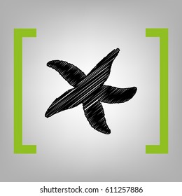 Sea star sign. Vector. Black scribble icon in citron brackets on grayish background.