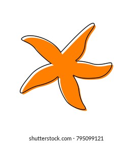 Sea star sign. Vector. Black line icon with shifted flat orange filled icon on white background. Isolated.