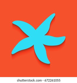 Sea star sign. Vector. Blue icon with soft shadow putted down on flamingo background.