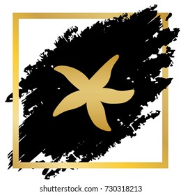 Sea star sign. Vector. Golden icon at black spot inside golden frame on white background.