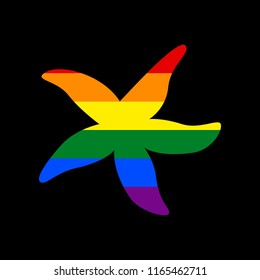 Sea star sign. Vector. Icon with colors of LGBT flag at black background.