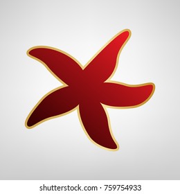Sea star sign. Vector. Red icon on gold sticker at light gray background.