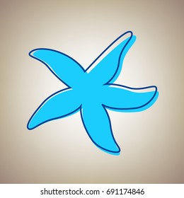 Sea star sign. Vector. Sky blue icon with defected blue contour on beige background.