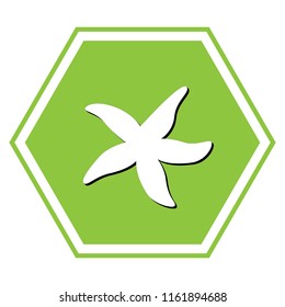 Sea star sign. Vector. White icon with black shadow at yellow green honeycomb on white background.