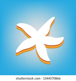 Sea star sign. Vector. White icon with 3d warm-colored gradient body at sky blue background.