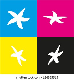 Sea star sign. Vector. White icon with isometric projections on cyan, magenta, yellow and black backgrounds.
