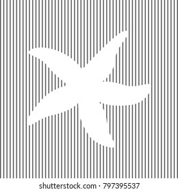 Sea star sign. Vector. White icon on grayish striped background. Optical illusion.