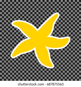 Sea star sign. Vector. Yellow icon with white contour on dark transparent background.