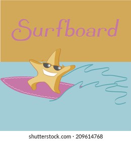 a sea star surfing on an orange background