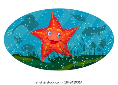 Sea Star Under The Sea On Marine Background. Cartoon Red Starfish. Starfish Ocean Stars Mascot With Face. Sea Animal Character. Happy Tropical Sea Star. Underwater Wild Life, World.Vector IllustratioN