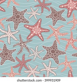 Sea star vector hand drawn vector seamless pattern. Marine decorative background