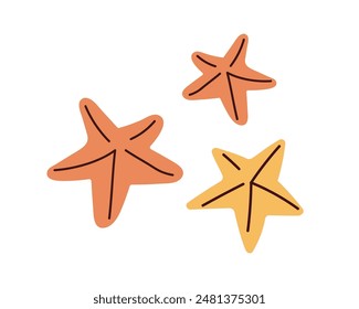 Estrellas de mar. Peces estrellas marinas submarinas. Animales submarinos del océano. Invertebrados acuáticos tropicales. Fauna exótica de playa de verano. Ilustración vectorial gráfica plana aislada sobre fondo blanco