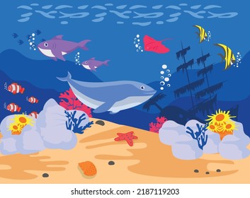 Sea Stars And Fish With Seaweeds And Stones Undersea Plants Concept Vector Icon Design, Wildlife Seabed Scenery Symbol, Tropical Sea Under Water Surface Stock Illustration, 