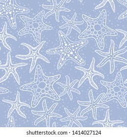 Sea stars hand drawn vector seamless pattern. Marine and summer background.