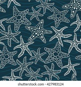 Sea stars hand drawn vector seamless pattern. Marine and summer background.