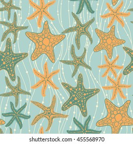 Sea stars hand drawn vector seamless pattern. Marine and summer background.