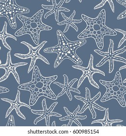 Sea stars hand drawn vector seamless pattern. Marine and summer background.