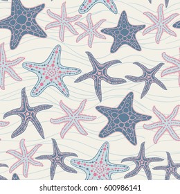 Sea stars hand drawn vector seamless pattern. Marine and summer background.