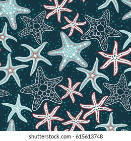 Sea stars hand drawn vector seamless pattern. Marine and summer background.