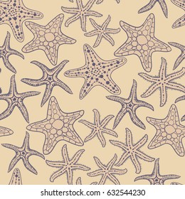 Sea stars hand drawn vector seamless pattern. Marine and summer background.