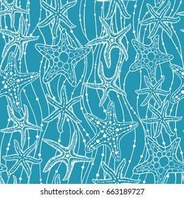Sea stars hand drawn vector seamless pattern. Marine and summer background.