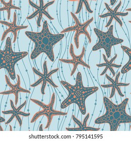 Sea stars hand drawn vector seamless pattern. Marine and summer background.