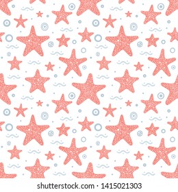 Sea stars seamless background. Various sea starfish hand drawn texture. 