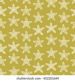 Sea Stars Seamless Pattern, hand drawn, trendy vector illustration in golden color