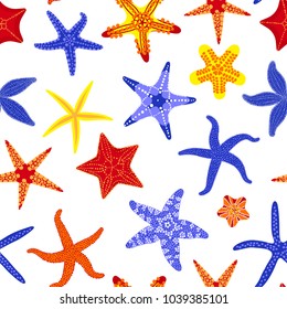 Sea stars seamless pattern. Marine and nautical backgrounds with starfishes. Starfish underwater invertebrate animal. Vector illustration.