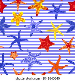 Sea stars seamless pattern. Marine striped backgrounds with starfishes. Starfish underwater invertebrate animal. Vector illustration.