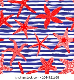 Sea stars seamless pattern. Marine backgrounds with starfishes and striped brush strokes. Starfish underwater invertebrate animal. Vector illustration.