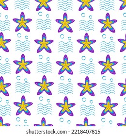 Sea stars, seamless pattern with starfish. Vector Illustration for backgrounds, covers and packaging. Image can be used for greeting cards, posters, stickers and textile. Isolated on white background.