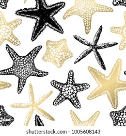 Estrellas marinas sin fisuras en la impresión vectorial. Aloha, Hawaii, fiesta. Elementos dibujados a mano. Decoración casera. Diseño textil. Arena dorada.