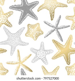 Sea stars seamless vector print. Aloha, Hawaii, party. Hand drawn elements. Home decor. Textile design. Gold sand.