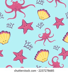 Sea stars and shells, octopus and seaweed, aquarium composition with underwater marine animals with muzzles expression. Seamless pattern or wallpaper, background or print. Vector in flat style
