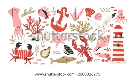 Sea stickers set featuring marine animals and coastal elements. Cartoon seashells, corals, anchors, lighthouses, crabs, and more in a Scandinavian retro doodle style. Beach and ocean coast elements