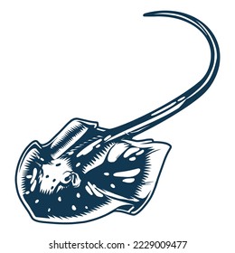 Sea stingray detailed monochrome label animal of underwater fauna of ocean Manta ray fishes with long curved tail vector illustration