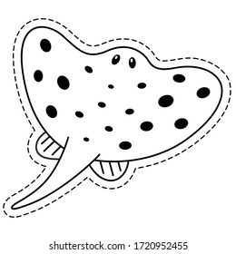Sea Stingray sticker. Cute children's character for use in children's illustrations, on children's goods, as a sticker. Vector black-and-white linear illustration isolated on a white background.
