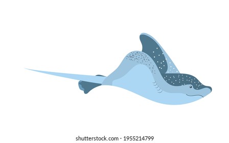 Sea stingray swims on the ocean floor . A graphic element of summer or marine design. Vector illustration in cartoon style. Isolated object on a white background.