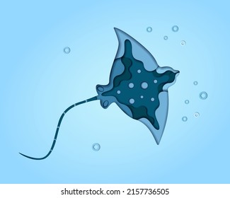 Sea Stingray. Template for postcard, poster, banner.Stingray fish sea animal.Underwater world concept in origami style. Vector illustration in paper cut style.