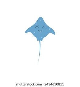 Sea stingray, underwater, flat kawaii style, bulbs, seaweed. Vector sea animals isolated on white background, suitable for print and web, illustration eps 10.