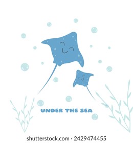 Sea stingray, underwater, kawaii flat style, sea horse, seaweed, bulbs. Vector sea animals, with text, printable for print and web, illustration eps 10.