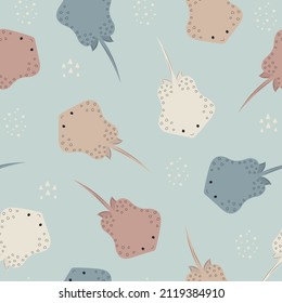 Sea stingrays seamless pattern. Cartoon fish children print. Cute underwater world. Simple repeting background for baby. Hand drawn vector illustration in Scandinavian style. Stingray in the ocean.
