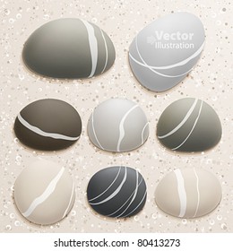 Sea stones collection on sand background. Vector illustration.